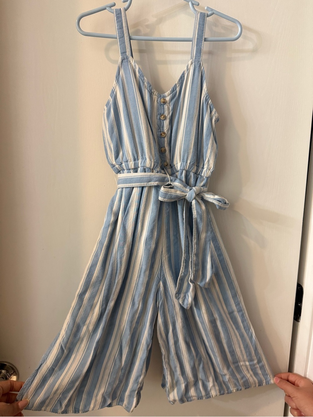 Girls Justice Light Blue and White Striped Sleeveless Romper with Tie Belt